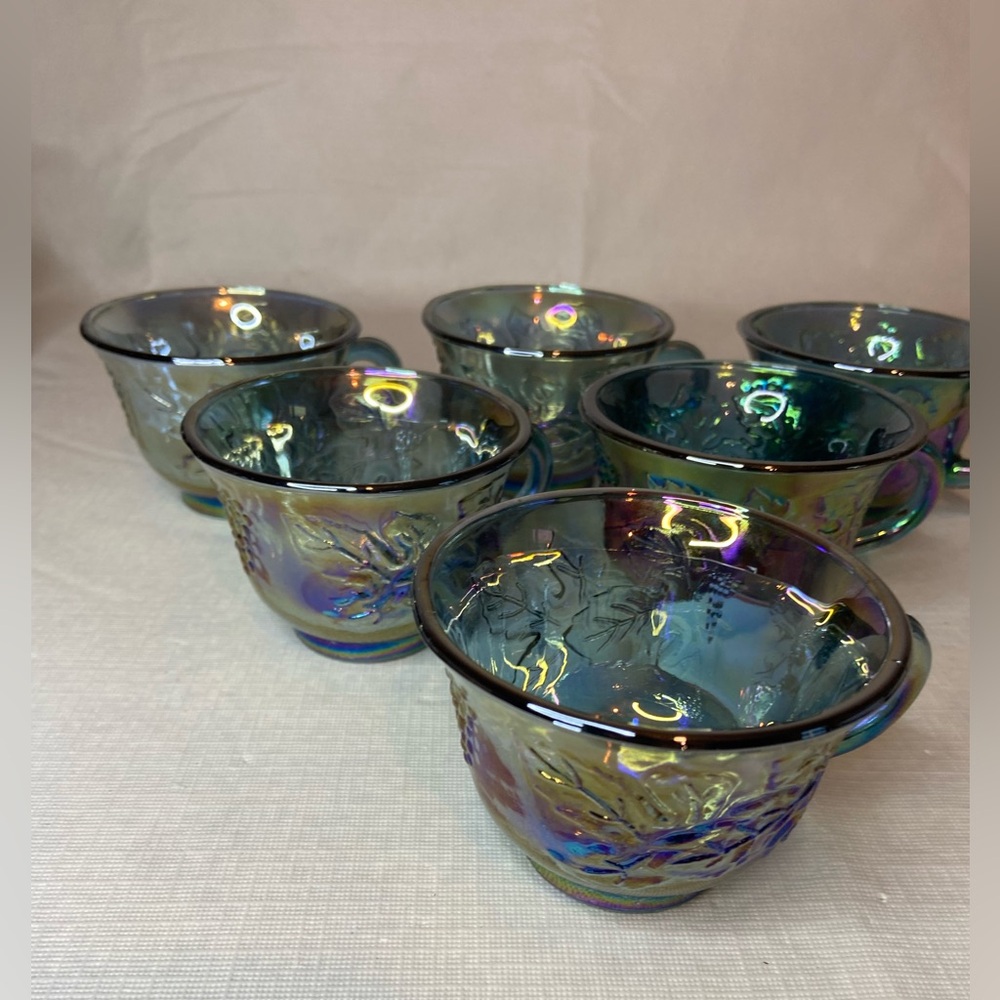 6 - Vintage Iridescent Blue Indiana Carnival Glass Grape Harvest Punch Cups - Picture 3 of 7